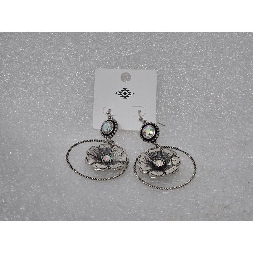 Silver Tone Floral Dangle Earrings With Iridescent Gemstones